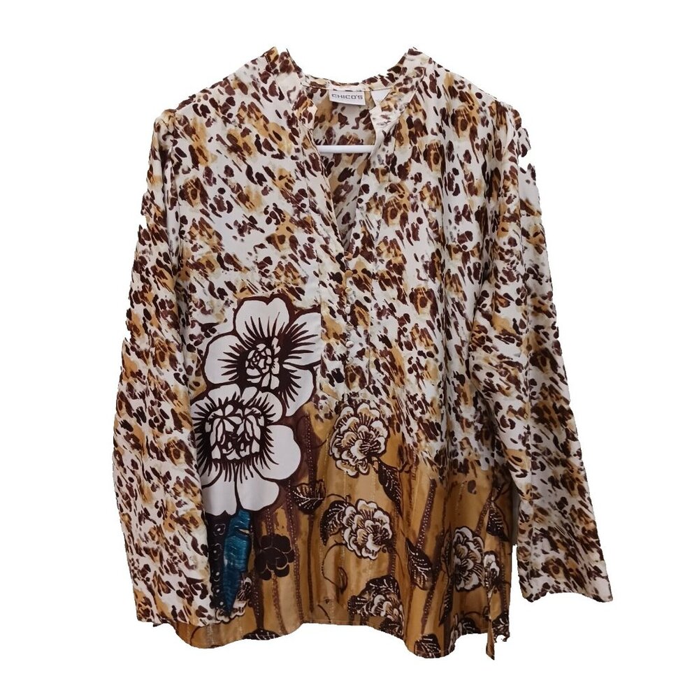 Chico's Blouse Size Large Animal Floral Print Top Popover Long Sleeve
